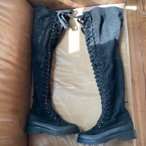 Free People & Other Story Over-the-Knee black suede lug boots.